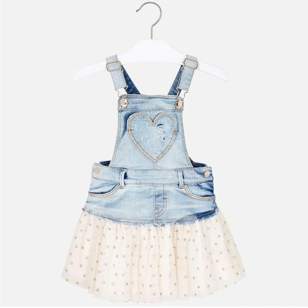 Mayoral Light Blue Denim Pinafore Dress with Cream Polka Tulle